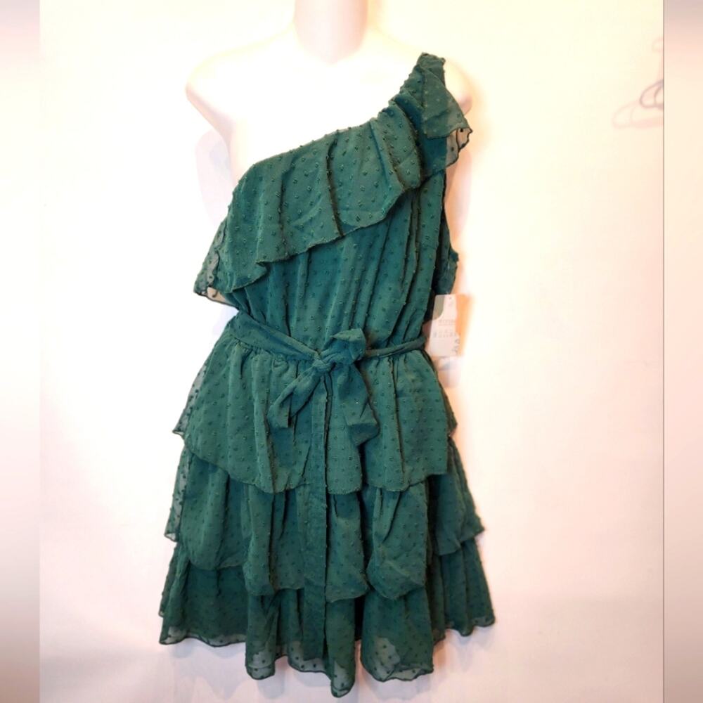 New Emerald Green Tiered Dress One Shoulder‎ Belted Lined Dress Size L